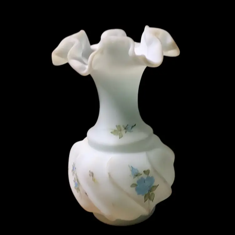 04. Fenton Glass 5.5" Vase Hand Painted Blue Satin Finish Ruffled Top Signed