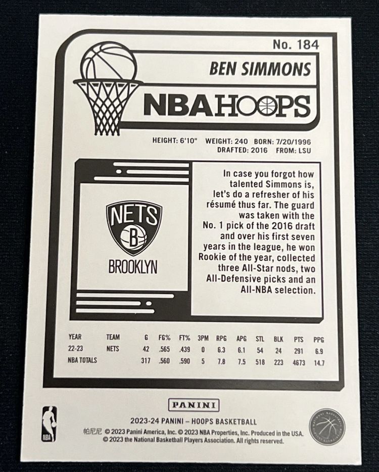 Ben Simmons 2023-24 Panini NBA Hoops Gravity Parallel 02/75 #184 Brooklyn Nets