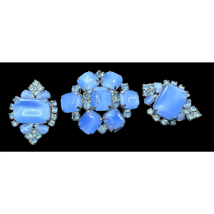Vintage MCM Silver Tone Blue Moon Glow & Rhinestone Brooch & Clip Earring Set