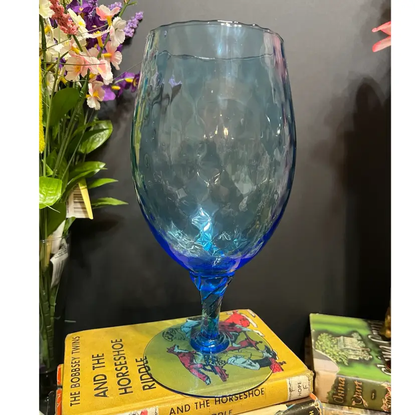 MARKDOWN! Blue Optic Hand Blown Brandy Snifter Twisted Applied Pedestal *Glows Green* ~10x5