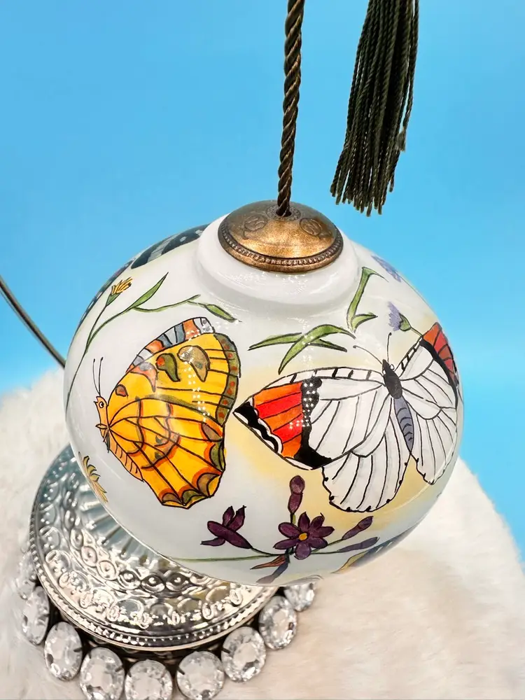 Beautiful Art Ornament Hand-painted Butterflies Signed P. Brent With Stand