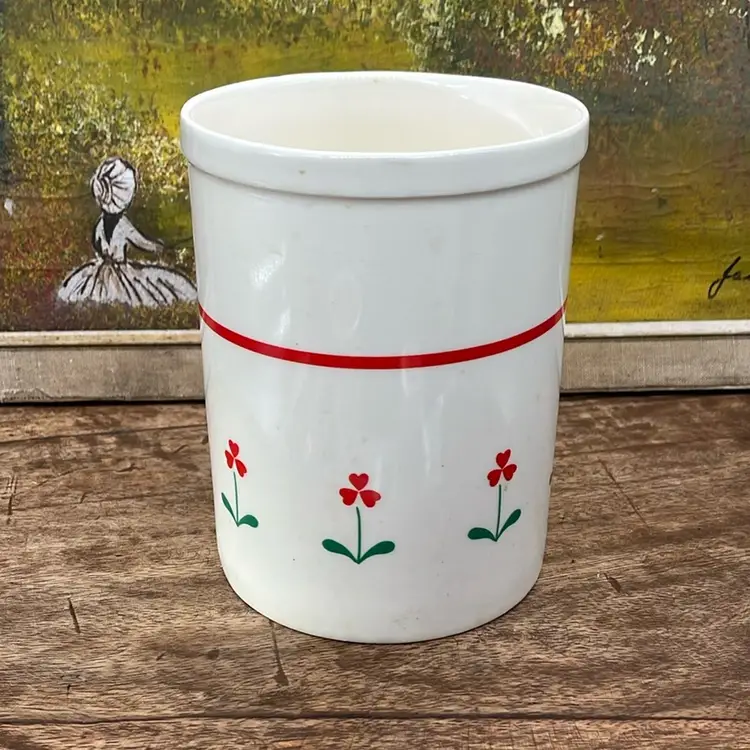 Vtg Cottage Core Red Floral Ceramic Utensil Holder Croc