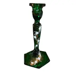 3194- Vintage Fenton Candle Holder, Green Glass, Hand Painted, Signed