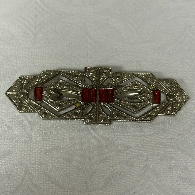 Vintage Silver Tone Red Accent Art Deco Brooch