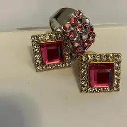 Sparkly Pink Costume Cocktail Ring & Pierced Earrings