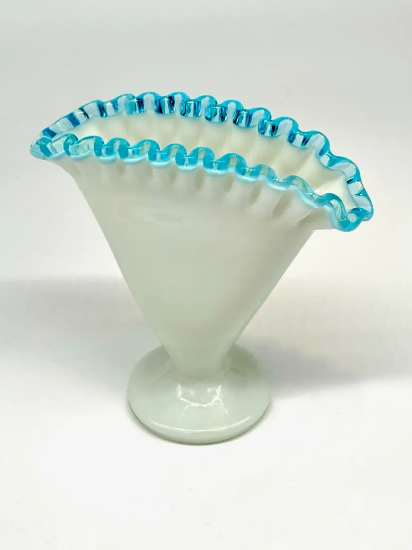 023.  Vintage Fenton Milk Glass Aqua Crest Ruffled Edge Fan Vase ca 1940 apx 4.5"