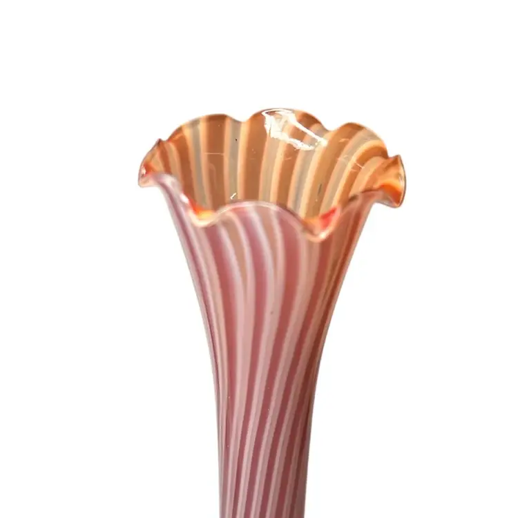 Vintage Crimped Flare Rim Bud Vase, Swirled With Burnt Orange & White And A Clear Smooth Bottom.