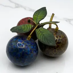 Cloisonne Enamel Cherry Cluster Bunch w/Brass Stem & Leaves 4" x 3" Red Blue