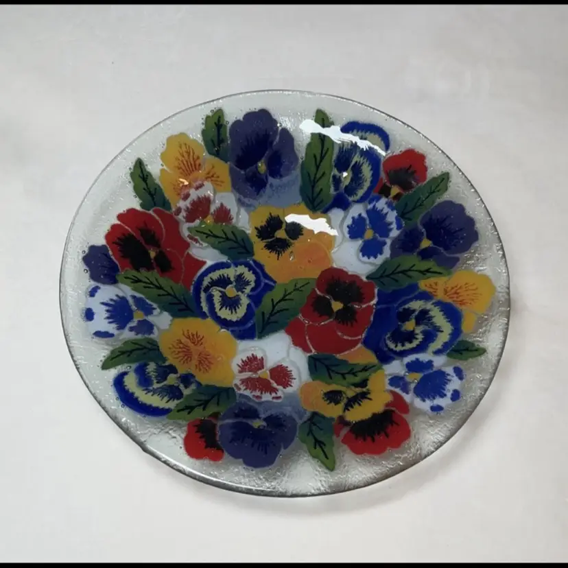 Peggy Karr Pansies Fused Art Glass Bowl Serving Centerpiece 11" Flowers