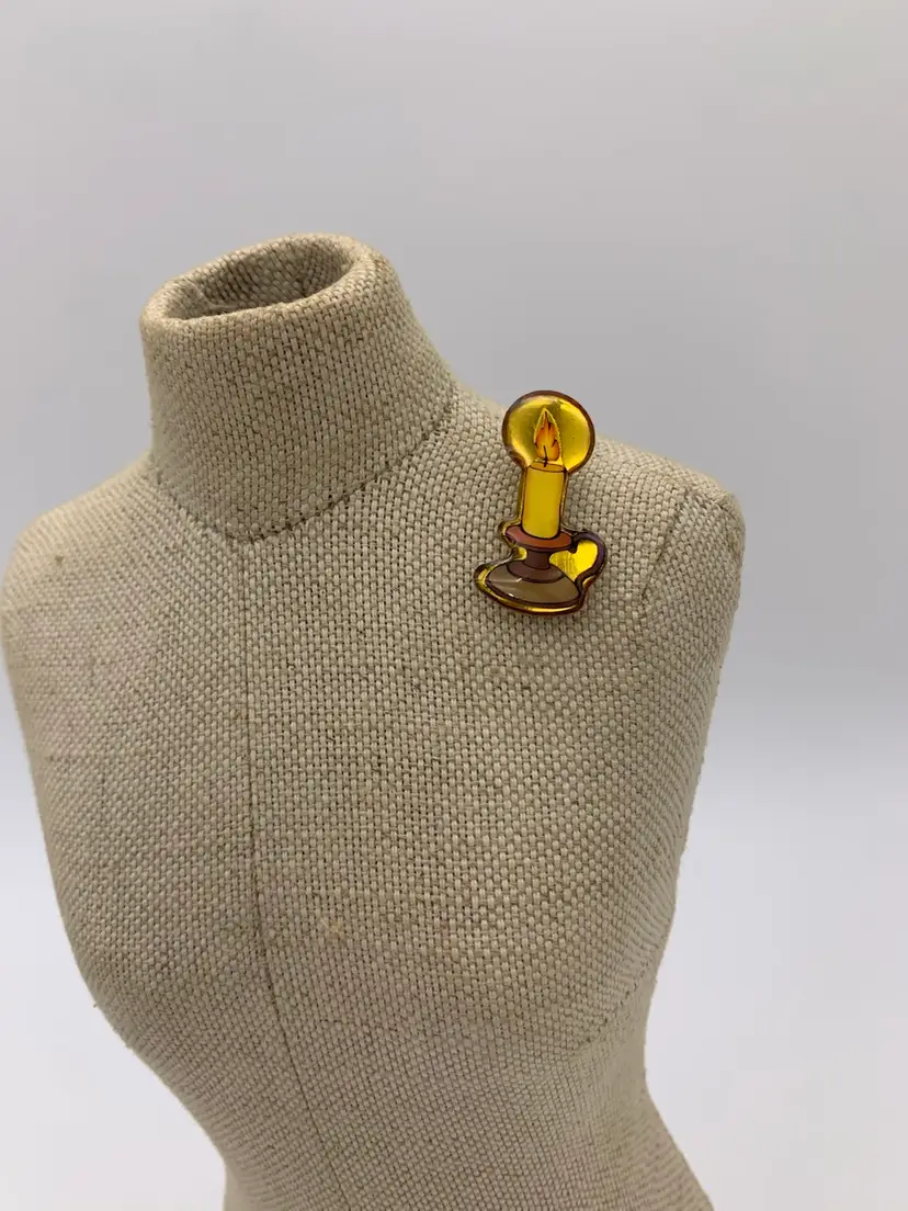 Vintage Mid Century Gold Translucent Acrylic Metal Flamed Candlestick Lapel Pin