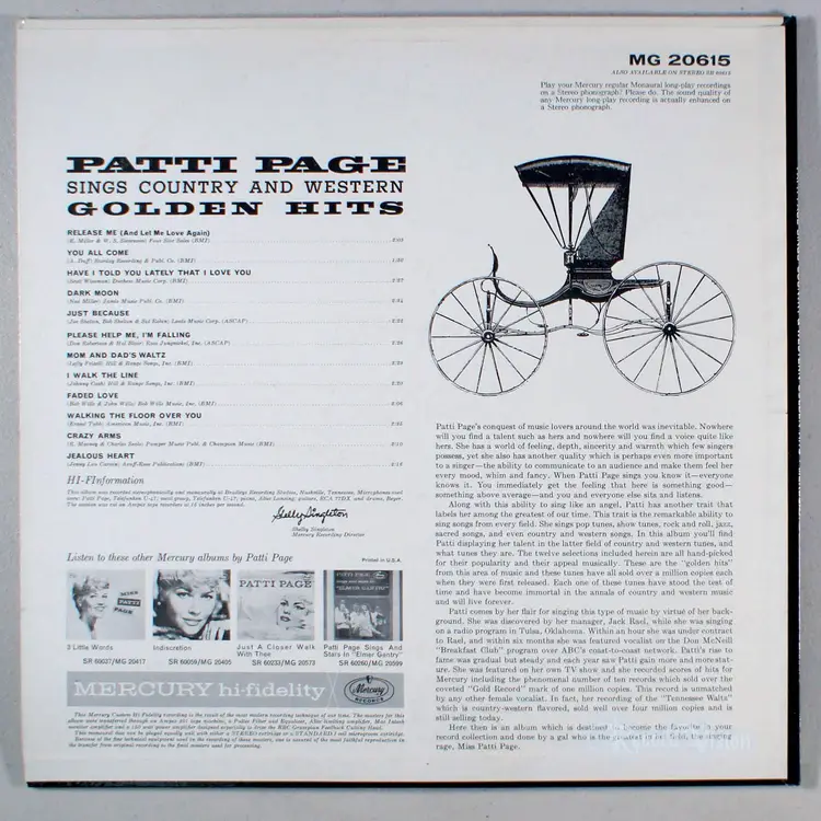 Patti Page - Sings Country and Western Golden Hits (1961) Vinyl LP • Dark Moon