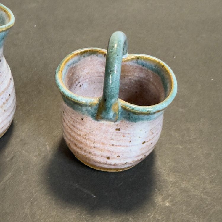 #1116 Art Pottery by Susan, Miniatures Vase And Basket, White Drip Glaze, Pinched Pottery