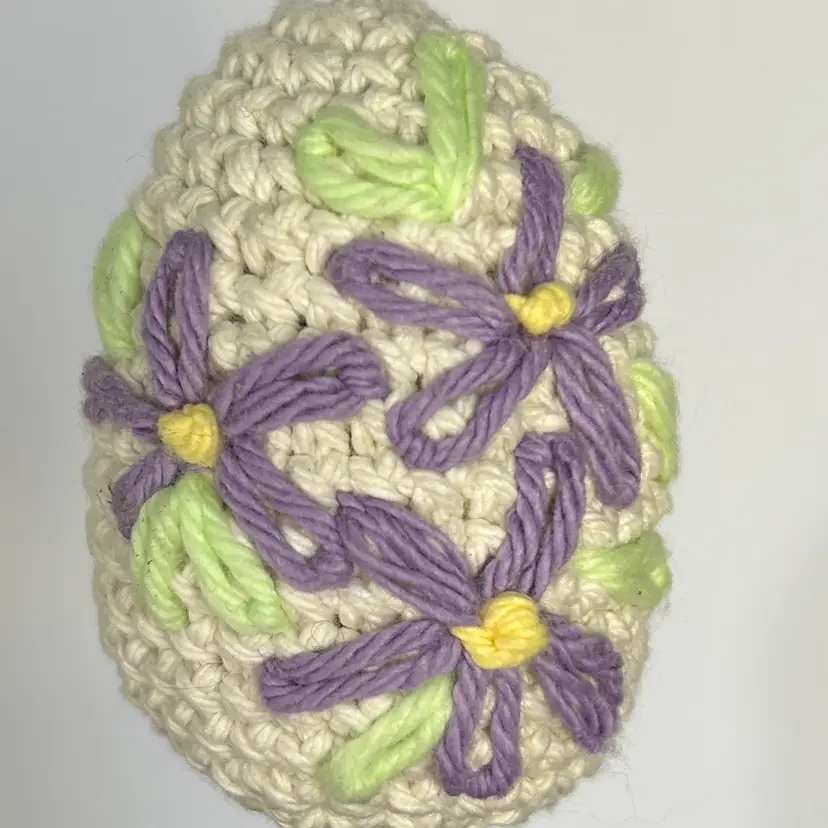 Crochet- Off White Egg w/Lavender Flowers - Crochet Easter Eggs with Embroidered Flowers