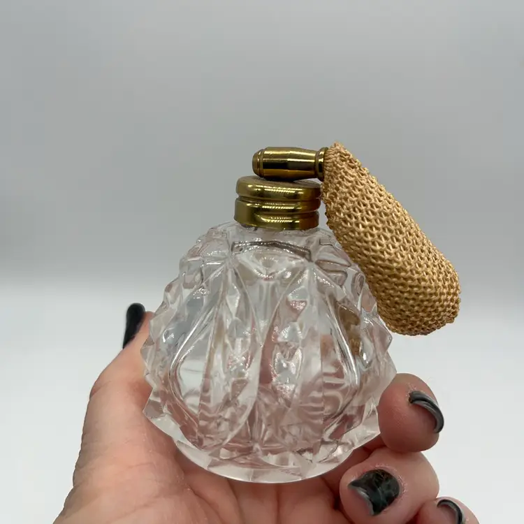 Cut Glass Perfume Vintage Bottle w/ Atomizer Gold Tone | 2.75”