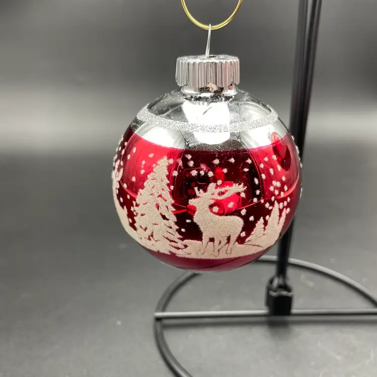 Shiny Brite by Radko Flocked Stenciled Reindeer Glass Ornaments Set of 2 Red