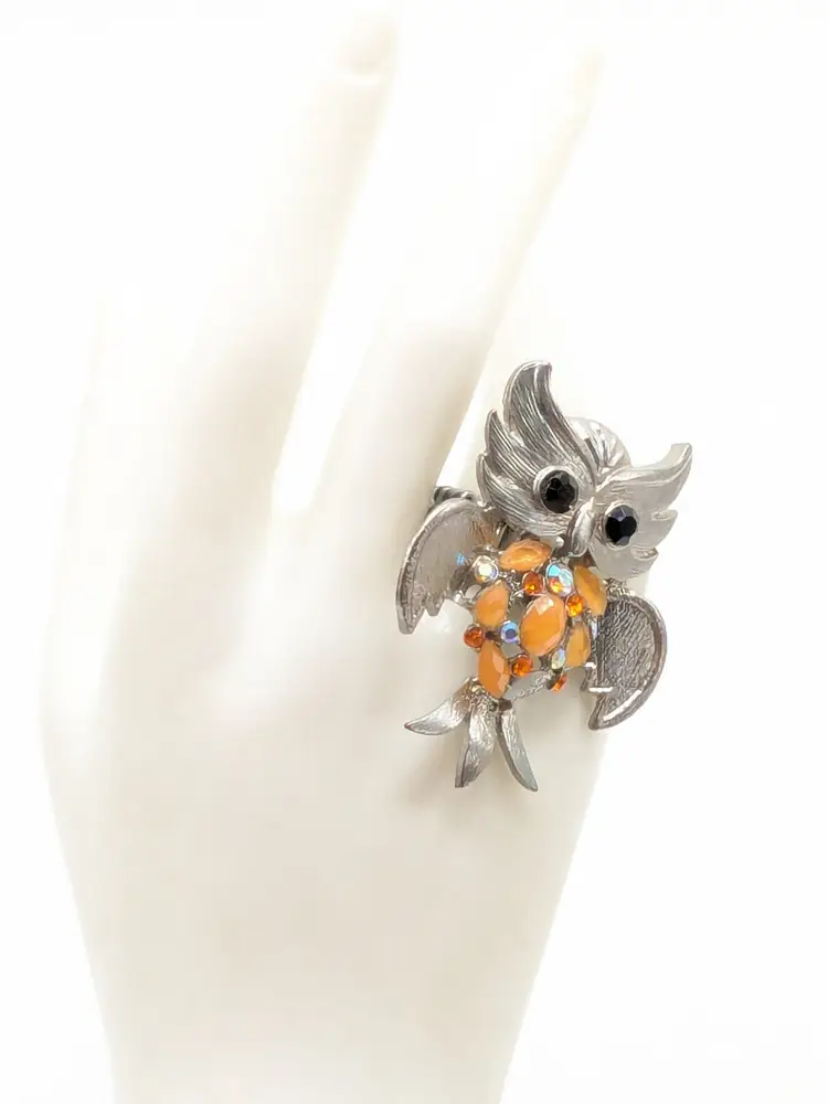 Silver Tone Orange Rhinestone Owl Stretch Fashion Ring Jewelry
