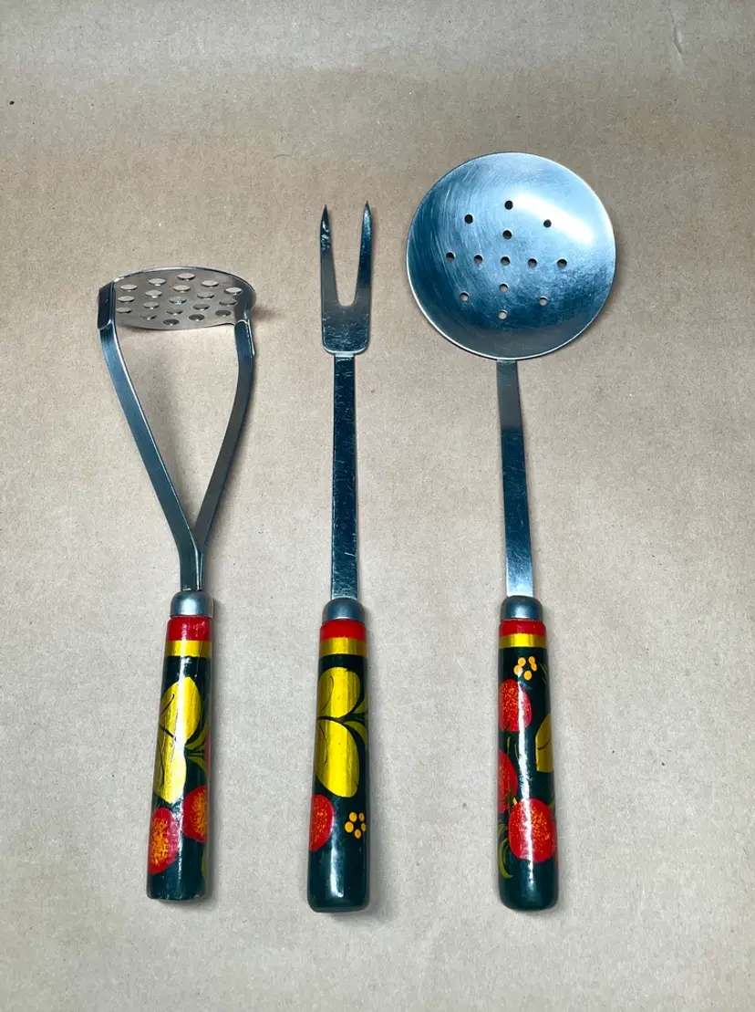 Russian Khokhlamo Kitchen Hand Painted Kitchen Utensils Red Gold Floral VINTAGE