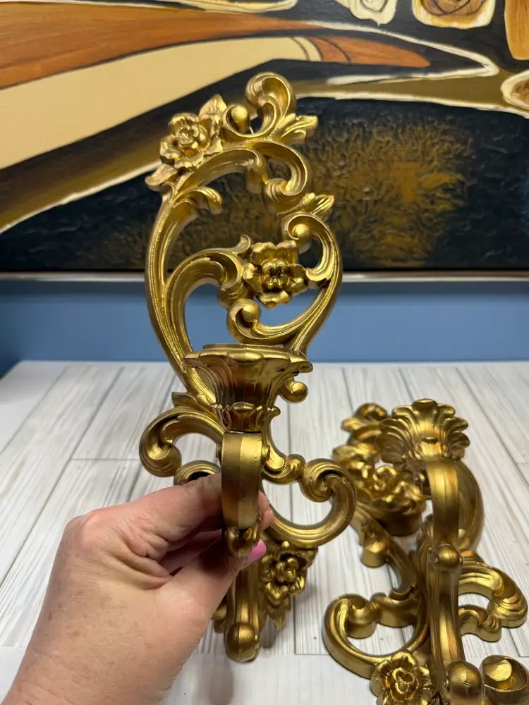 Clearance- Vintage Pair - Homco Gold Candle Sconces Marked 1971 (Syroco Like Material)