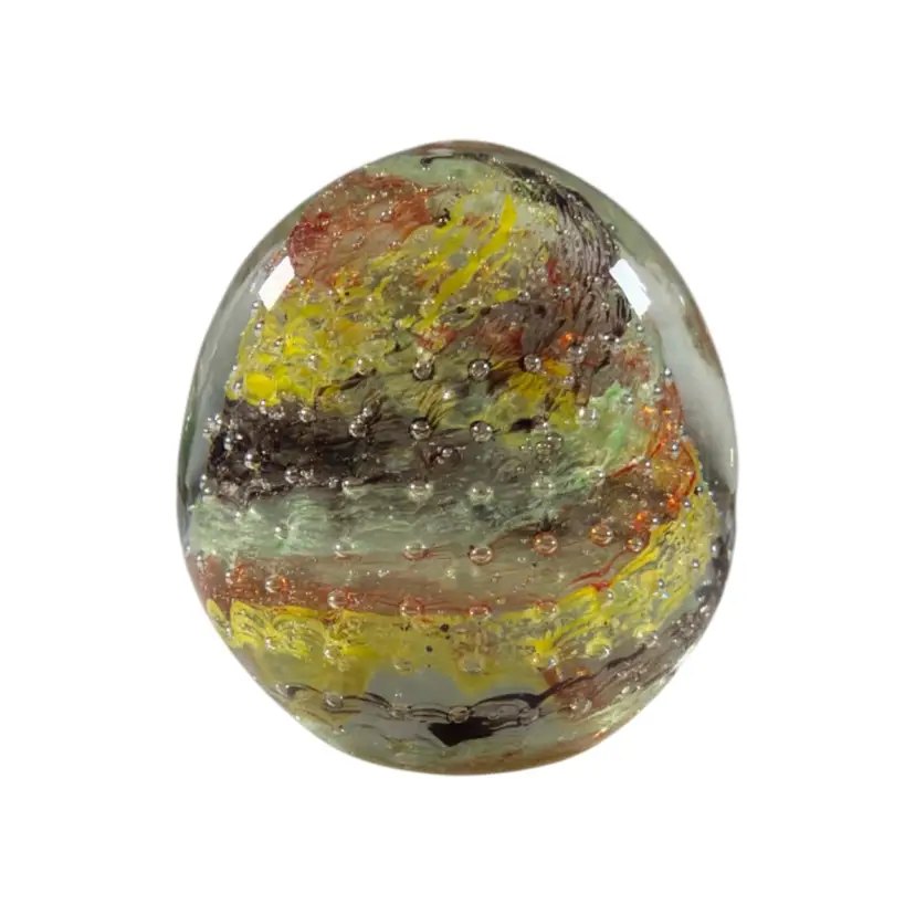009. Multicolored Confetti Controlled Bubble 3” Egg Shaped Art Glass Paperweight Unsigned