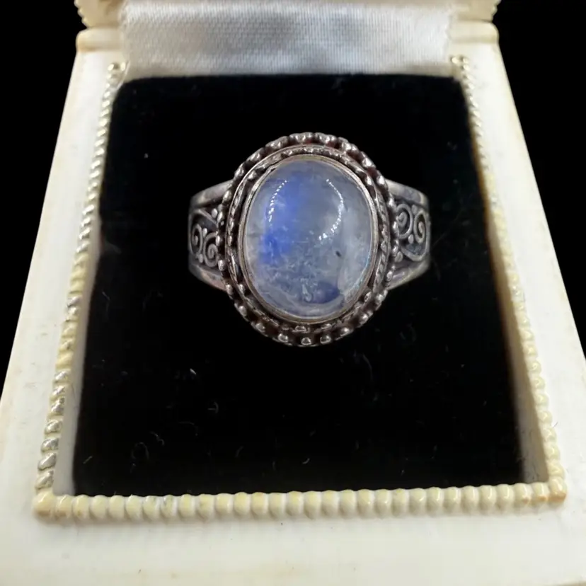 Sterling Silver And Rainbow Moonstone Intricate Ring - Size 9 3/4