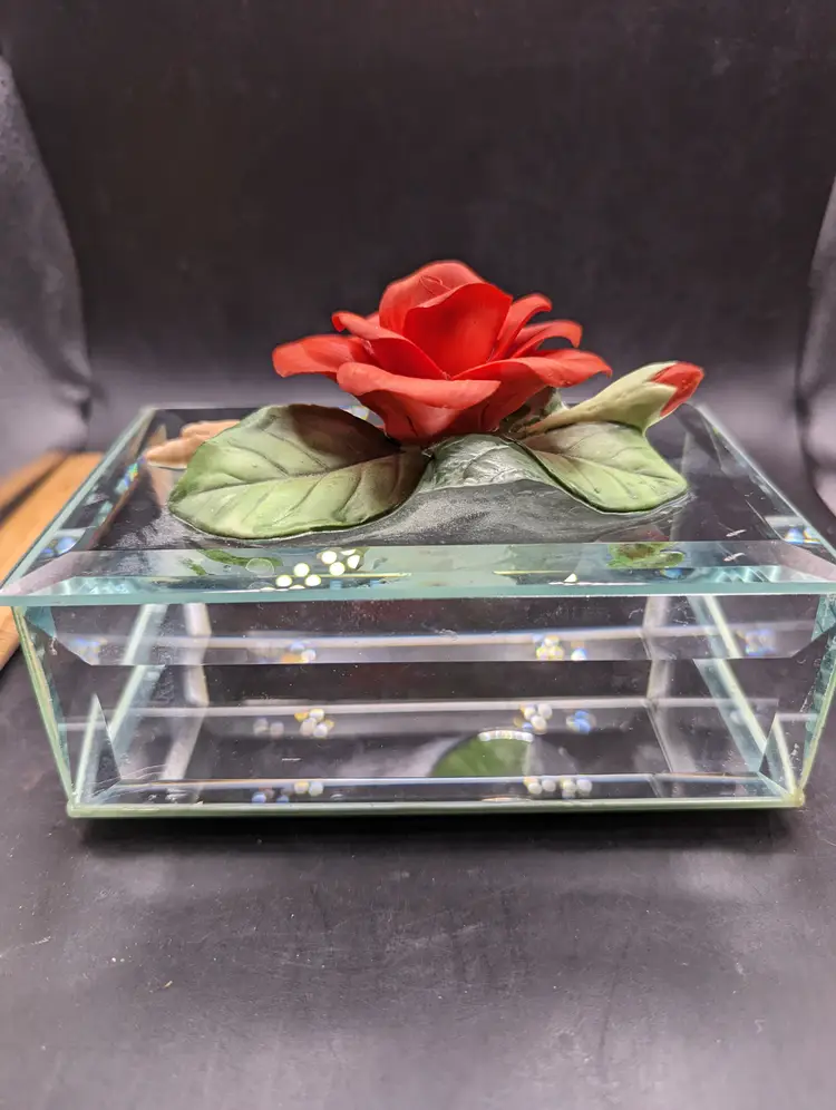 Vintage Beveled Glass Lefton Display Jewelry Trinket Box with Porcelain 3D Rose