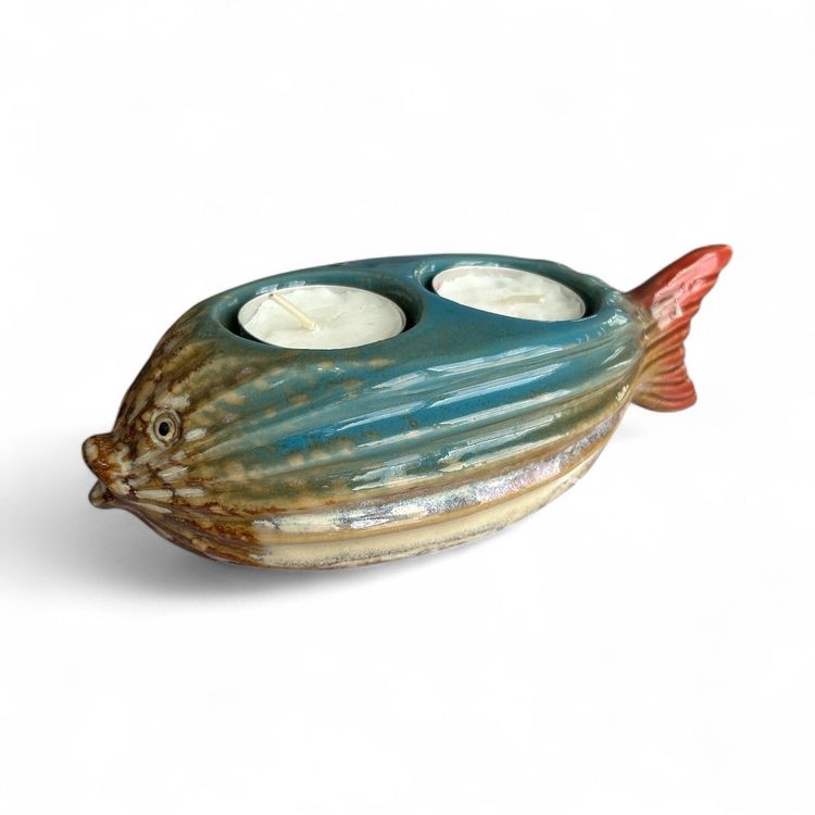 Stoneware Tea Light Puffer Fish Candle Holder Figurine