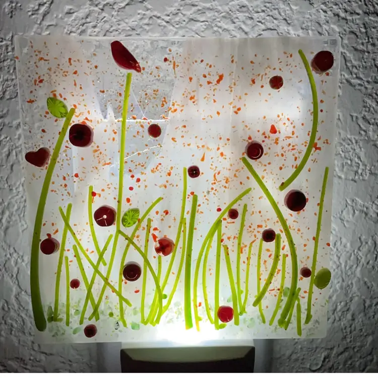 Made by Me! Fused Glass Nightlight 3D Design with Red Flowers & Ladybug 4" x 4” Studio Art Handmade