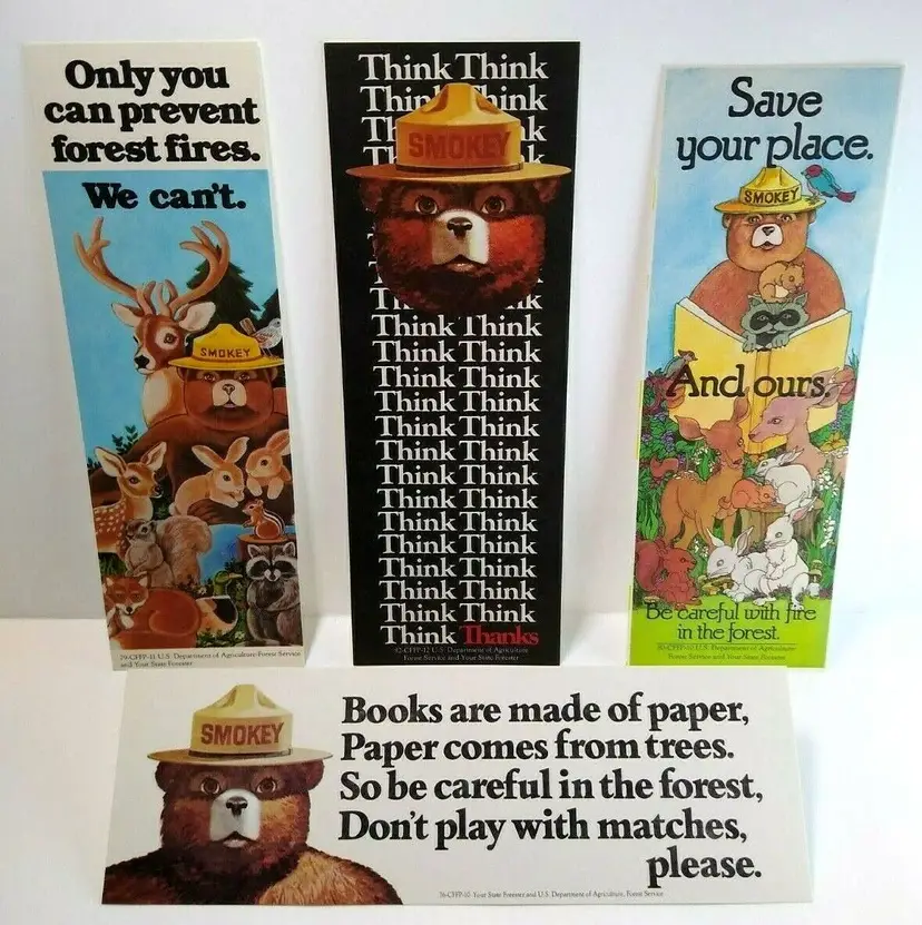Smokey The Bear Lot Of (4) Bookmarks Vintage Circa 1980's Original Deer Rabbits