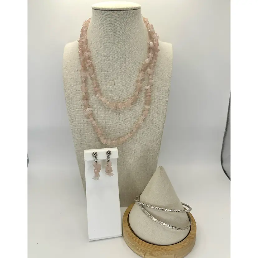 #52 Pink Chip Stone Necklace & Earrings - Silver Bangles