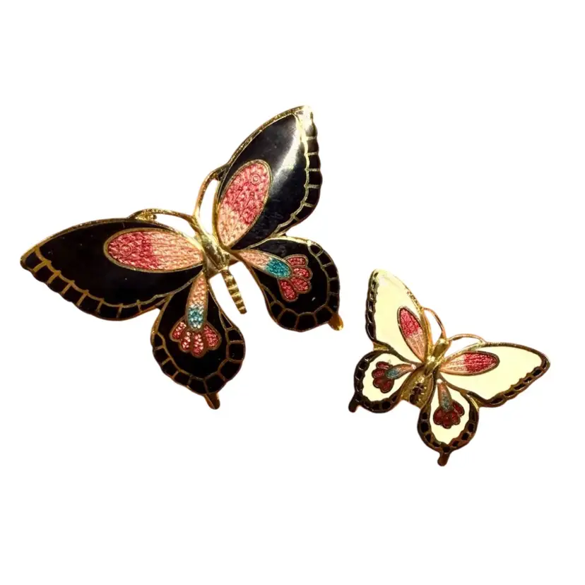 PAIR of Cloissoné Enamel Butterfly Brooch Pins, Lg & Sm, 2 Pieces