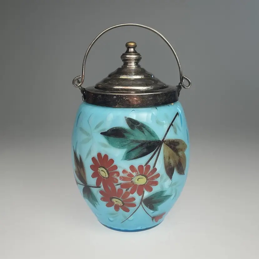 Antique Victorian Glossy Blue Raindrop Air Trap Art Glass Cracker Biscuit Jar Painted Flowers Floral 5.5"