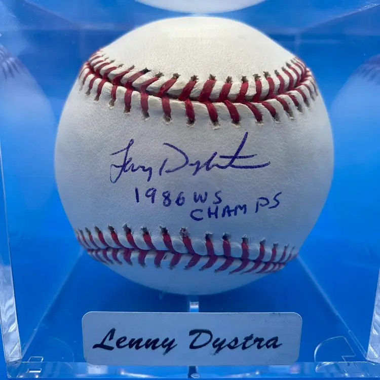 Lenny Dykstra 1986 WS Champs Autographed Major League Baseball w/ Case & Sticker