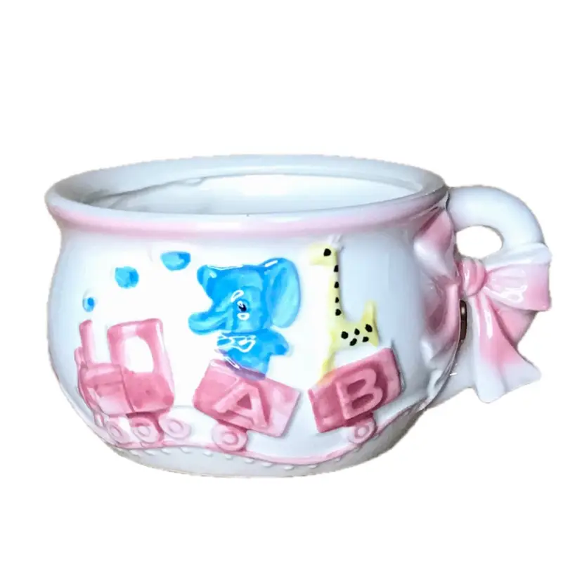 Vintage Rubens Baby Ceramic Planter Pastel Embossed Train Animals Retro Twee