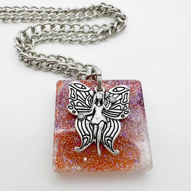 Fairy Charm Resin Pendant Necklace Silver Tone Hand Made