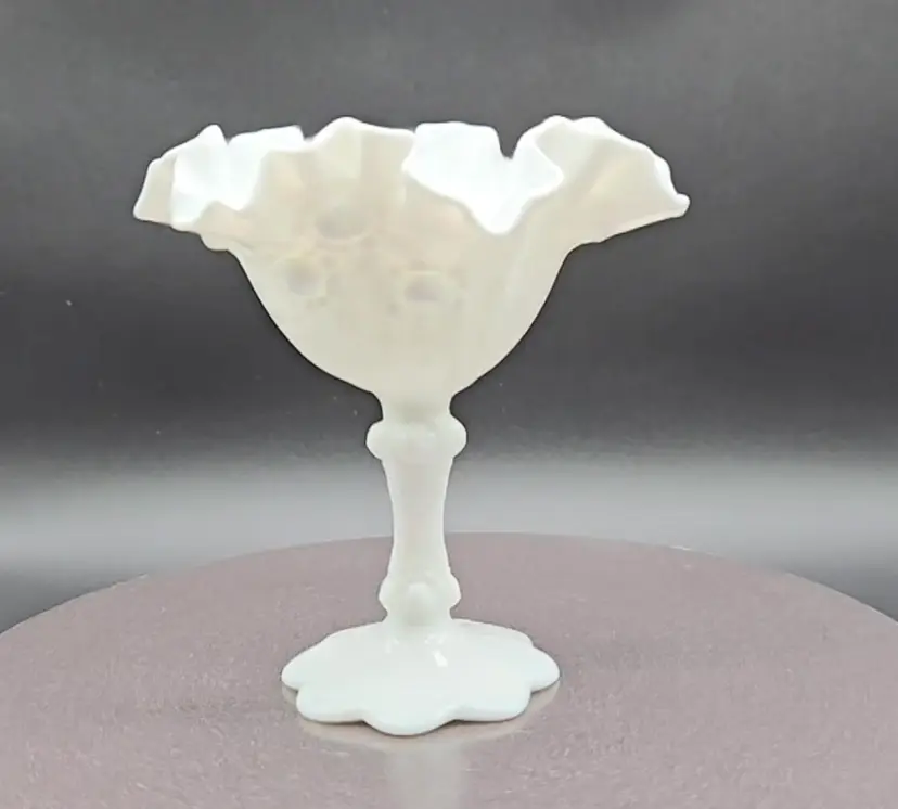 Vintage 1960s The Fenton Art Glass Co - Milk Glass Cabbage Rose Comport Double Crimped