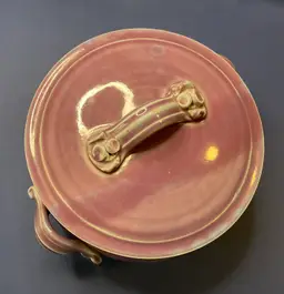 #01 Beautiful purple and teal Randy Pearsall studio pottery steamer, 10” round and handles, 5” high to rim and 7” opening.