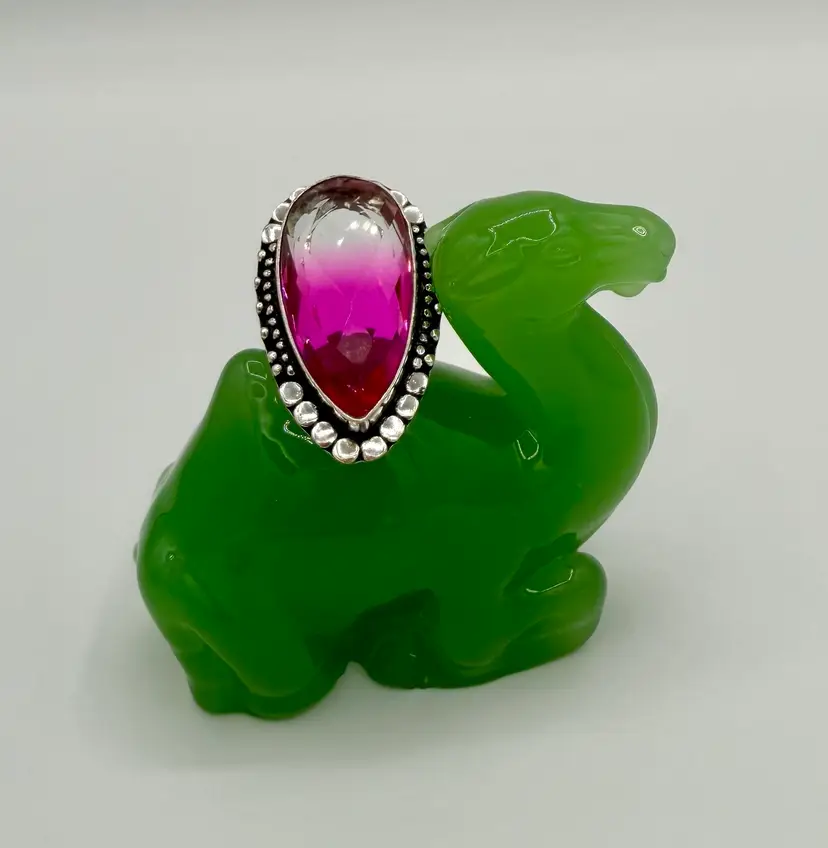 925 Pink & Yellow Bi-color Glass Tourmaline Ring Sz 8.5