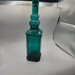 Vintage Blue Green square bottle with cork Ornate Design