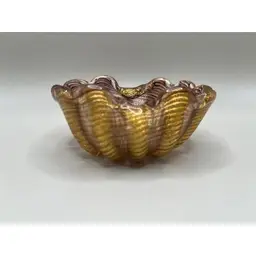 #02 - Vintage Barovier & Toso "Corodonato d'Oro" Gold and Pink Ribbed Murano Art Glass Bowl ~ Measures 1.5 inches tall, 3.5 inches wide