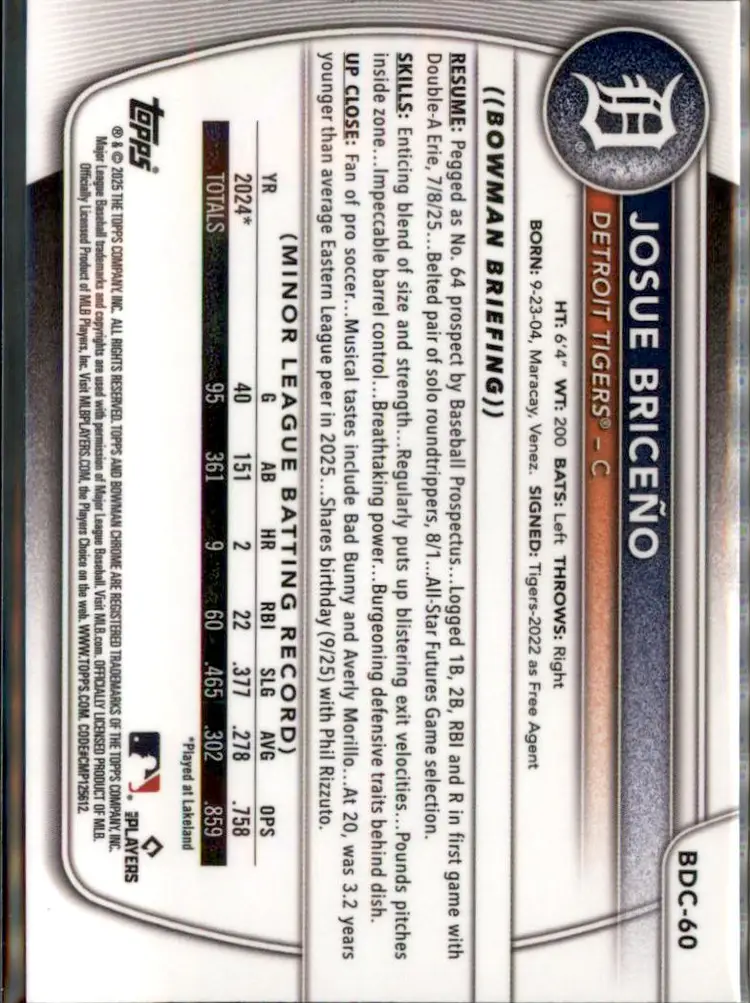 2025 Bowman Draft #BDC-60 Josue Briceño Chrome - (138) - Detroit Tigers