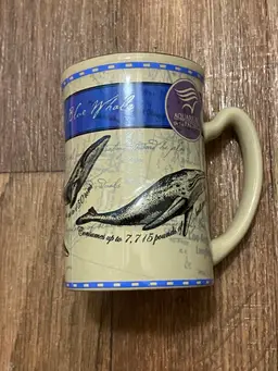 Coffee Tea Mug Cup Aquarium Of The Pacific Whales Blue & Beige 4.5” H Tall