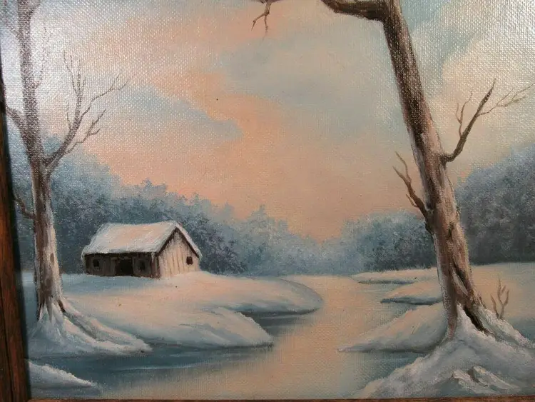 Original Oil Painting 8 x 10 "Snowy Lake" Canvas Framed Artist Pat Keely 1990s