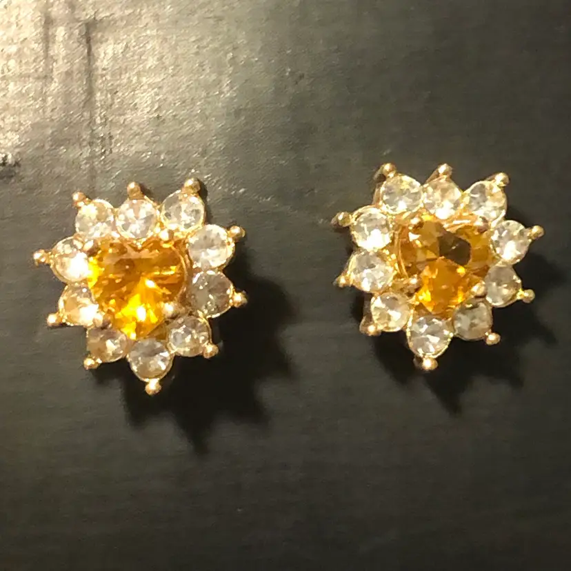 Vintage Avon Yellow Stone Heart & CZ Heart Earrings