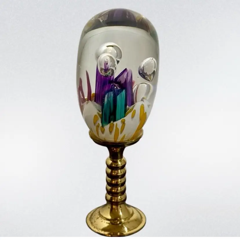 Vintage 1997 GES Art Glass Paperweight on Metal Pedestal – Multicolor underwater reef/anemone Scene – Signed & Dated
3”