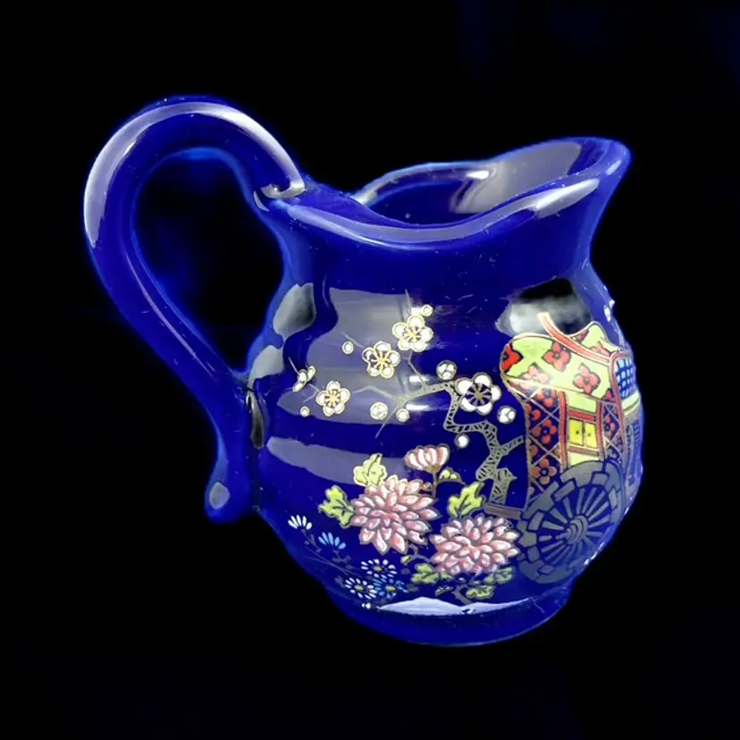 Vintage Boondocking scene Hand Painted Collectible Cobalt Blue Gilded Pitcher 3"