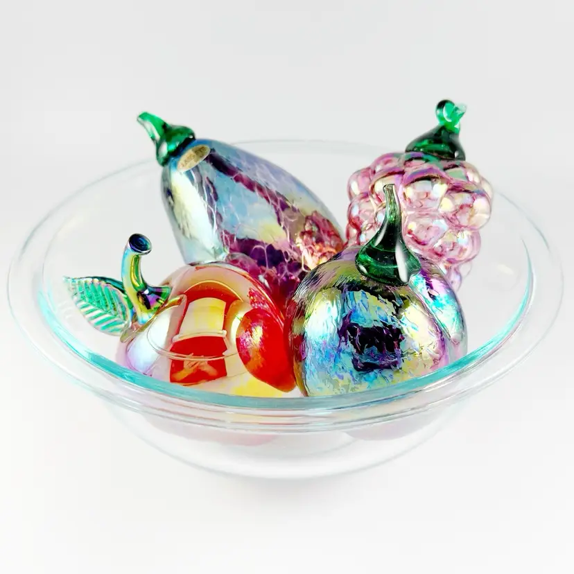Glass Eye Studio Hand-Blown Glass, Apple/Grapes/Plum/Eggplant Fruit Paperweights, Made in USA