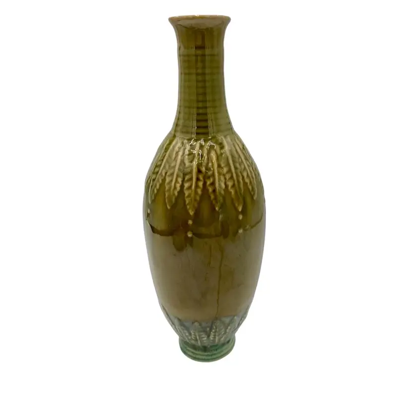 Creative Home Accents Tall Vase, 13.75", Olive Green w/Blue Glazes, Leaf Fronds