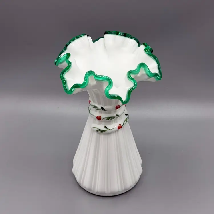 Fenton Emerald Crest Wheat Vase Leaf & Berry Milk Glass Painted by D Cutshaw
