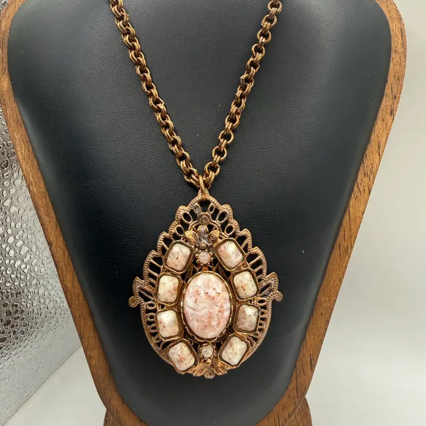 Vintage Copper Confetti Art Glass Filigree Ornate Pendant Necklace