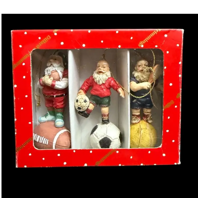 Vintage Dillards Christmas ornament – set of three Santas football soccer tennis in box